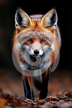 A red fox standing in the woods looking at the camera
