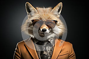 Red fox with sunglasses wearing suit and tie on solid background. Generative AI