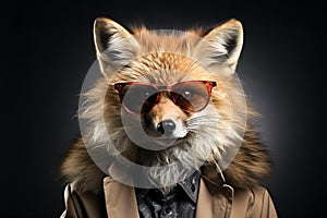 Red fox with sunglasses wearing winter jacket and shirt on solid background. Generative AI