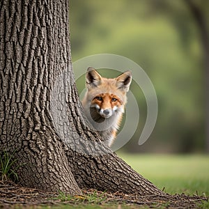 A red fox (Vulpes vulpes) peeks from behind the trunk of a large tree. The tree's bark