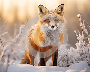 Red fox (Vulpes vulpes) in winter forest.