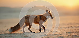 A red fox walking across a sandy beach at sunset