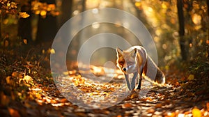 Red Fox Walking Through an Autumn Forest Path