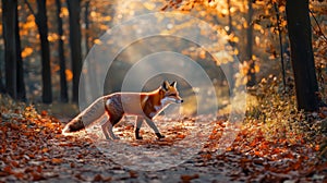Red Fox Walking Through Autumn Forest Path