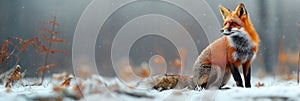 red fox in winter on field with snow