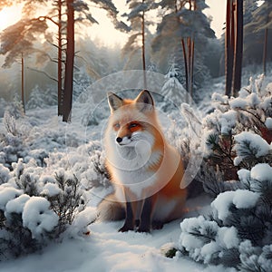 Red fox in winter forest at sunrise, beautiful forest view on snowy winter morning, wildlife beauty, generative ai