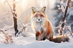 Red fox in winter. Portrait of red fox, Vulpes vulpes, standing in winter forest in snowfall