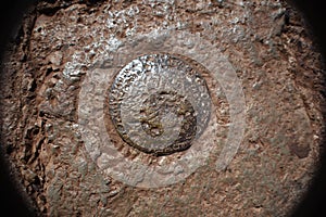 A red Franciscan rock with a survey marker imbedded.
