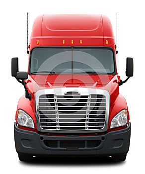 Red Freightliner Cascadia truck with black plastic bumper.