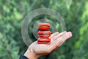 Red french macaroon cookies from hazelnut flour with salted caramel and lemon Kurd on hand, outdoors, green background. Soft