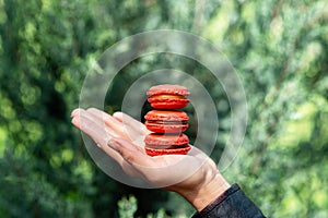Red french macaroon cookies from hazelnut flour with salted caramel and lemon Kurd on hand, outdoors, green background. Soft