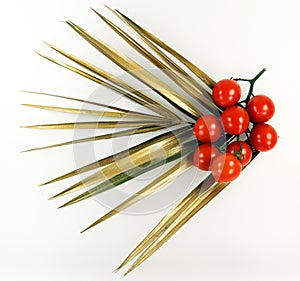 Red fresh appetizing cherry tomatoes and a golden palm leaf on a white background close-up. Beautiful background of vegetables,