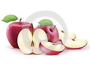 Red Fresh Apples Whole, Half and Sliced Wet and with Water Splash 3D Realistic