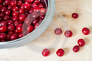 Red fresh cherries in metal bowl with wooden background