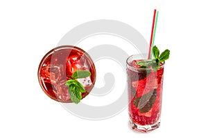 Red fresh drink with ice, grapefruit and mint isolated on white. Space for text or design