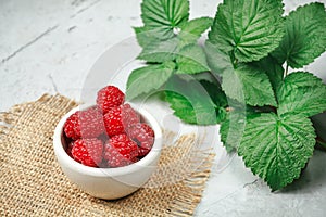 Red fresh raspberries on white rustic wood background. Bowl with