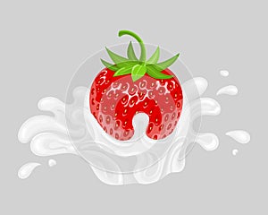 Red fresh realistic strawberry with milk splash isolated on grey background. Sweet food. Organic fruit. Vector illustration for