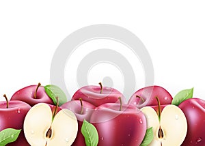 Red Fresh Ripe Apples Sliced and Whole 3D Realistic with Water drops and Leaves