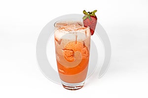 Red fresh strawberry cocktail smoothie jusice in glass with ice isolated on white. vitamin drink detox