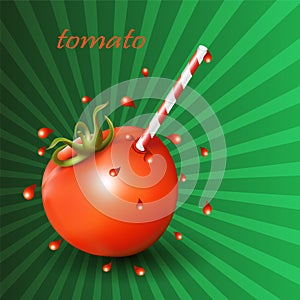 Red fresh tomato with straw on green background.