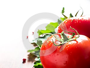 Red Fresh Tomatoes Parsley Pepper on wooden background Copy space Selective focus