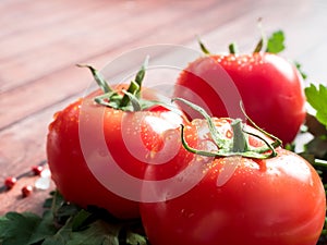 Red Fresh Tomatoes Parsley Pepper on wooden background Copy space Selective focus