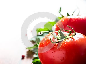 Red Fresh Tomatoes Parsley Pepper on wooden background Copy space Selective focus