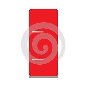 Red fridge fresh domestic electric freeze furniture icebox. Refrigerator front view vector flat icon