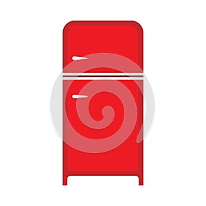 Red fridge fresh domestic electric freeze furniture icebox. Refrigerator front view vector flat icon