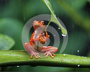 red frog holding leaf in rain