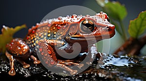 red frog, selective focus photography of frog holding leaf, rain. Generative AI