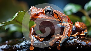 red frog, selective focus photography of frog holding leaf, rain. Generative AI
