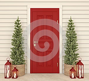 Red front door with the christmas decor. 3d render