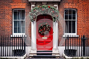 Red front door with Christmas wreath and street festive decorations on holidays. Generated by AI