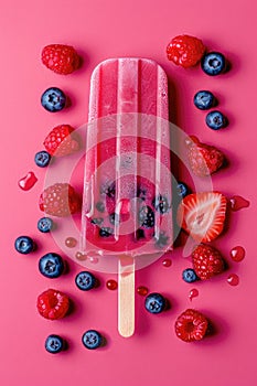 Red fruit and berry popsicle, close up view. Blueberry, strawberry and raspberry flavor