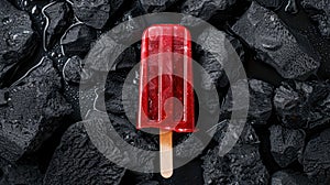 Red fruit and berry popsicle on a lava stone background. Strawberry and raspberry flavor