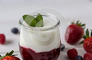 Red fruit compote with mint leaves and fruit