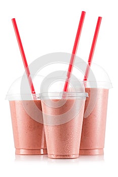 Red fruit smoothie in three size of pet cup