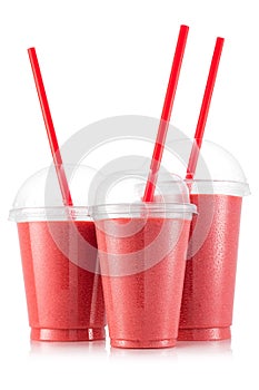 Red fruit smoothie in three size of pet cup