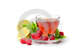 Red fruit tea with raspberry and mint isolated on white backgro