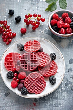 Red fruit waffles with fresh blackberries and currants. Flat lay shot