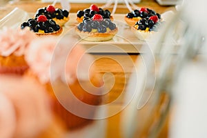 Red fruits on puff pastry tartlets, colorful and well focused