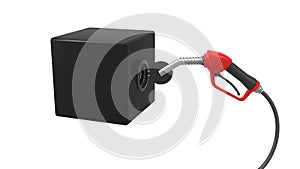 Red fuel nozzle fueling up a box. 3d illustration
