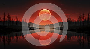 A red full moon rising over a lake. Generative AI image.