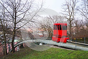 Red funicular rides from Smichov to Mrazovka park in Prague, Czech Republic