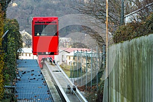 Red funicular rides from Smichov to Mrazovka park in Prague, Czech Republic