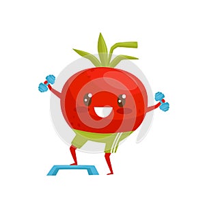 Red funny tomato exercising with dumbbells, sportive vegetable cartoon character doing fitness exercise vector