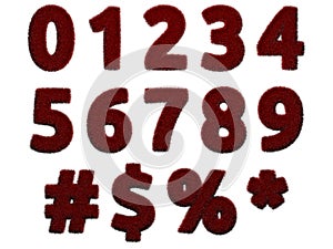 Red fur numerals and symbols on white background. Isolated digital illustration. 3d rendering.