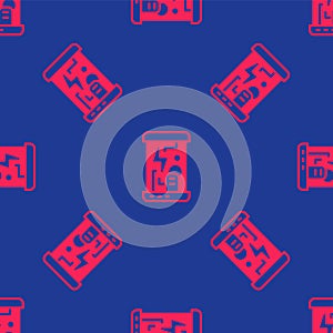 Red Futuristic cryogenic capsules or containers icon isolated seamless pattern on blue background. Cryonic technology