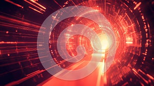 Red futuristic digital tunnel moving through data stream